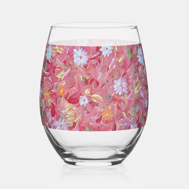 Mulberry Red Floral Stemless Wine Glass (Front)