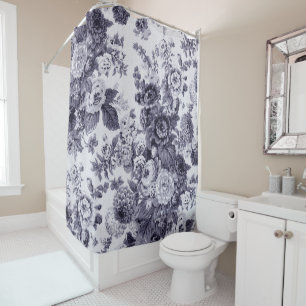 Mulberry Tone Black & White Vintage Floral Toile Shower Curtain