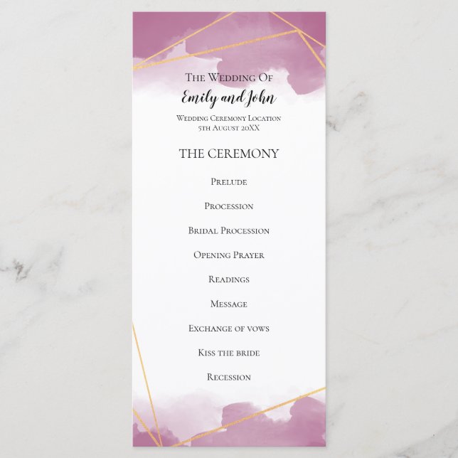 Mulberry Watercolor Gold Geometric Lines Wedding Programme (Front)