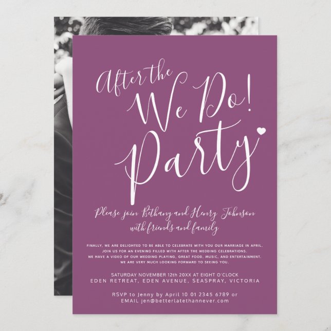 Mulberry white after the we do wedding after party invitation (Front/Back)