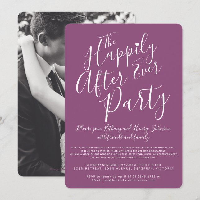 Mulberry white happily ever after wedding party invitation (Front/Back)