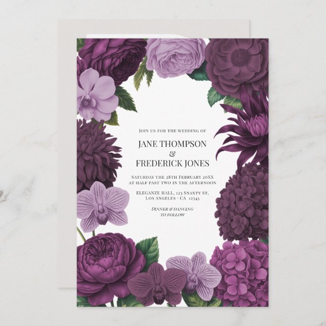 Mulberry Wine, Deep Fig & Dusty Lavender Wedding Invitation (Front/Back)