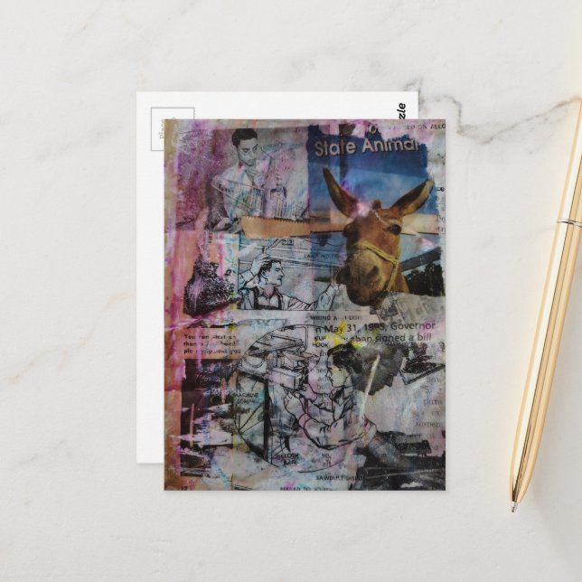 Mule and Men a unique Mixed Media Collage Postcard (Front/Back In Situ)