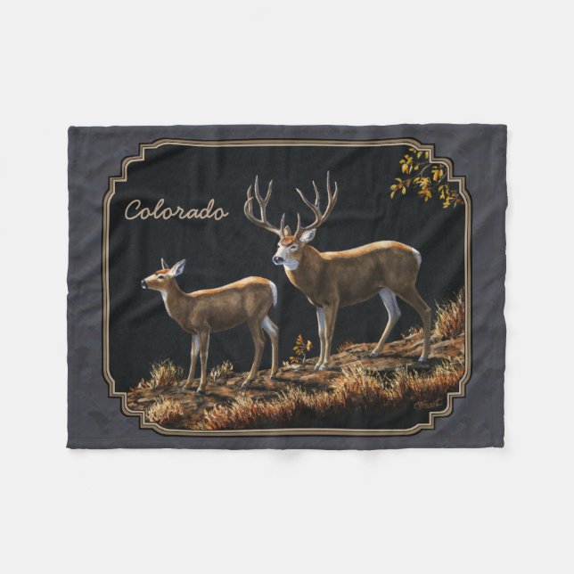 Mule Deer Buck and Doe Grey Custom Fleece Blanket (Front (Horizontal))
