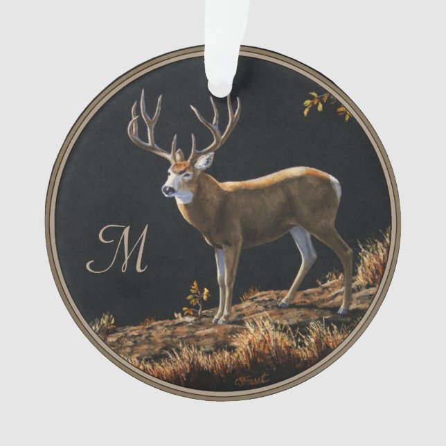 Mule Deer Buck Autumn Trophy Antlers Monogram Ornament (Front)