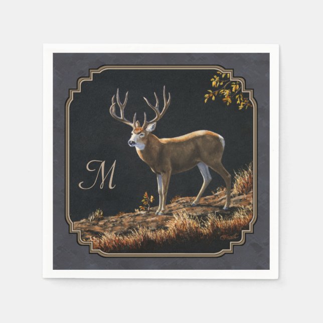 Mule Deer Buck Charcoal Grey Monogram Napkin (Front)