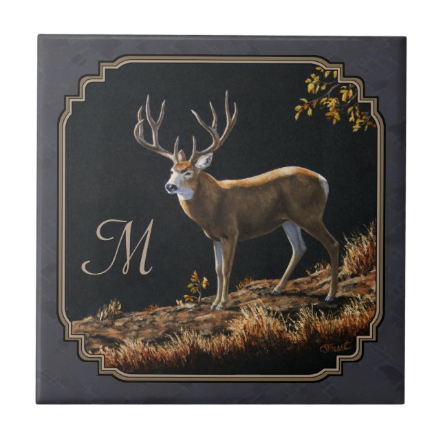 Mule Deer Buck Charcoal Grey Monogram Tile (Front)