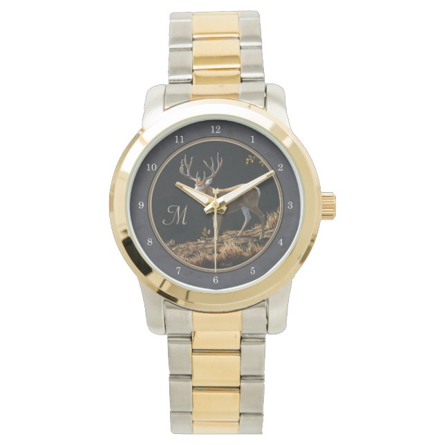 Mule Deer Buck Charcoal Grey Monogram Watch (Front)
