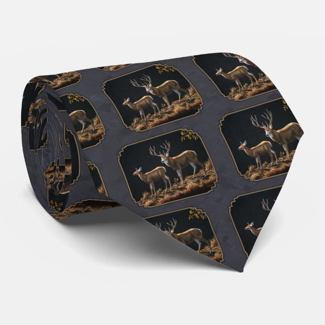 Mule Deer Buck & Doe Charcoal Grey Tie (Rolled)