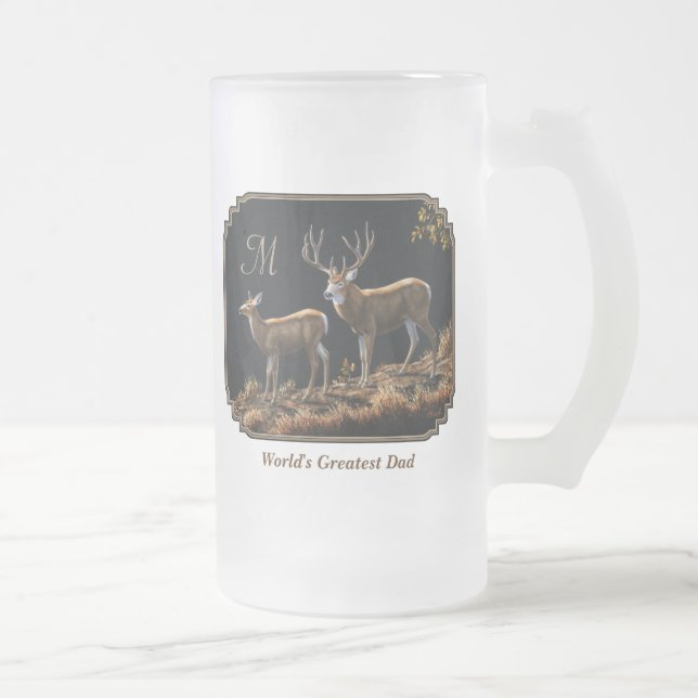 Mule Deer Buck & Doe Monogram Frosted Glass Beer Mug (Right)