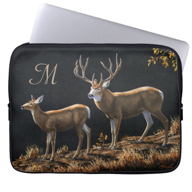Mule Deer Buck & Doe Monogram Laptop Sleeve (Front)