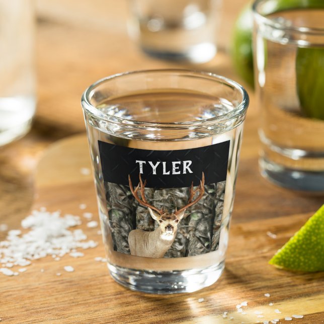 Mule Deer Camo Name Cool Hunting Buck Antlers Shot Glass (Hunting Deer Personalized Camo Groomsman gift Shot Glass)