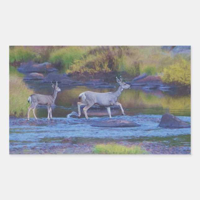 Mule Deer Doe and Fawn Rectangular Sticker (Front)