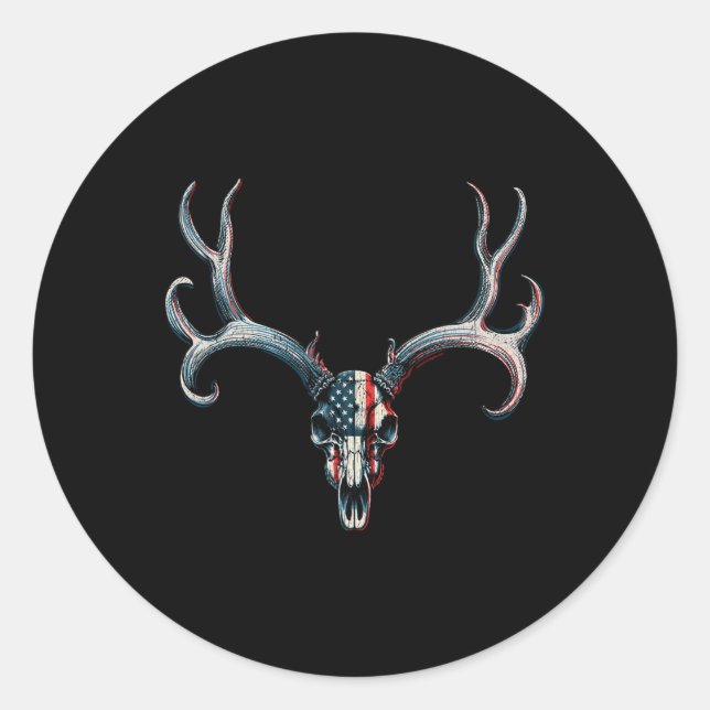 Mule Deer Hunting - American Flag On Buck Skull  Classic Round Sticker (Front)