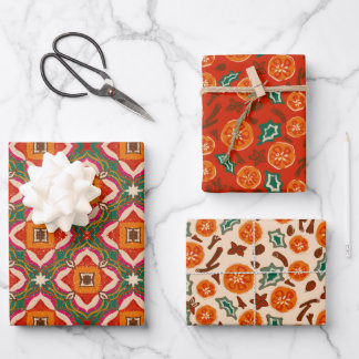Mulled wine spices, orange slices and holly leaves wrapping paper sheet