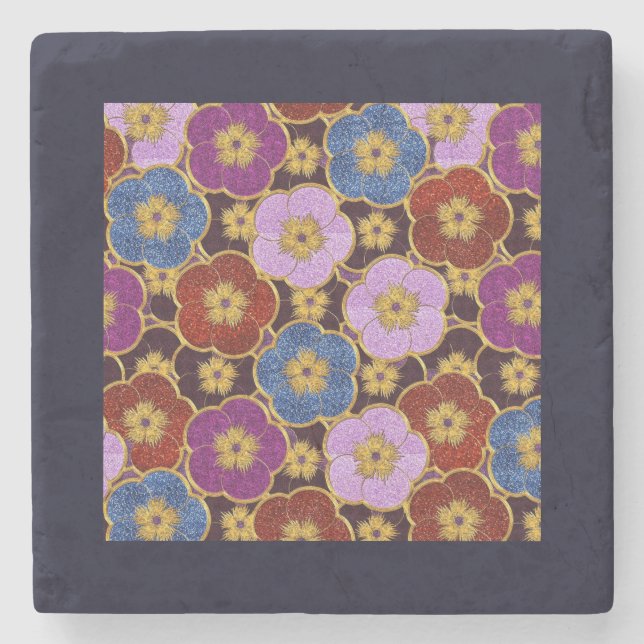 Mult-Coloured Flowers Pattern Stone Coaster (Front)