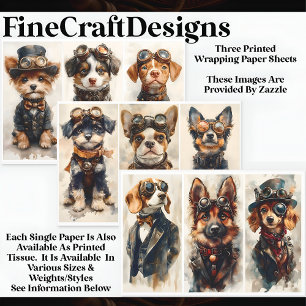 Multi 9 Cute Steampunk Dogs & Pups WPA1 Decoupage Wrapping Paper Sheet