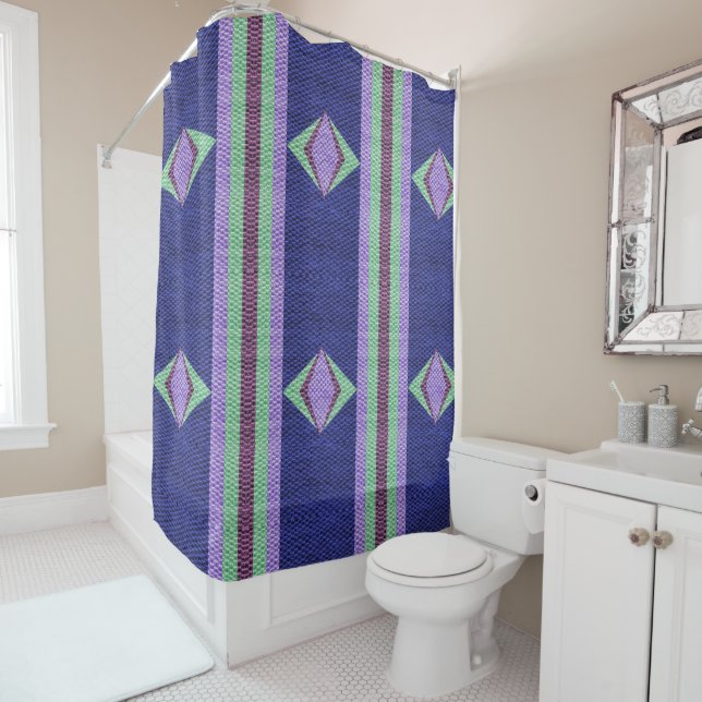 Multi blue Colour Texture Crochet Shower Curtain (In Situ)