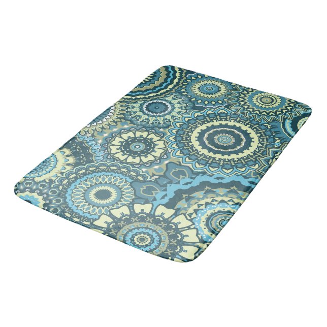 Multi Blue Green Mandalas Bath Mat (Angled)