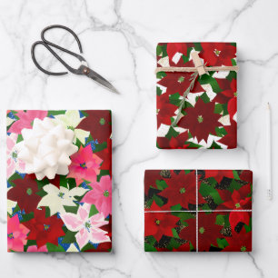 Multi Christmas Poinsettias Wrapping Paper Sheet