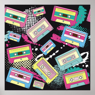 Multi Colored cassettes on a black background seam Poster
