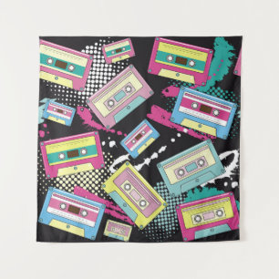 Multi Colored cassettes on a black background seam Tapestry