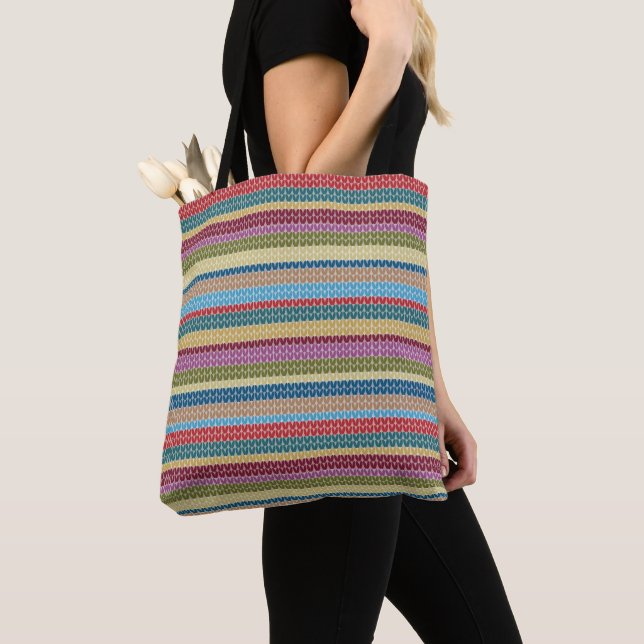 Multi-Colored Knitted Style Striped Tote Bag (Close Up)