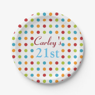 Multi-Colored Polka Dots 21st Custom Birthday Paper Plate