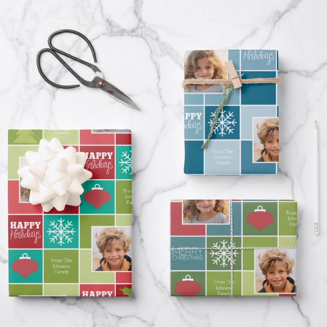 Multi Colour Block Christmas 2 Photo Whimsical Wrapping Paper Sheet (Front)