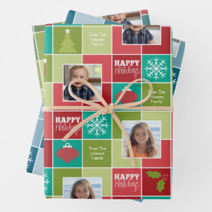 Multi Colour Block Christmas 2 Photo Whimsical Wrapping Paper Sheet