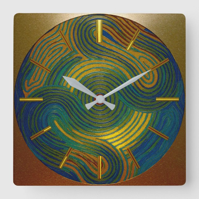 Multi-Colour Blue Gold Green Red Square Wall Clock (Front)