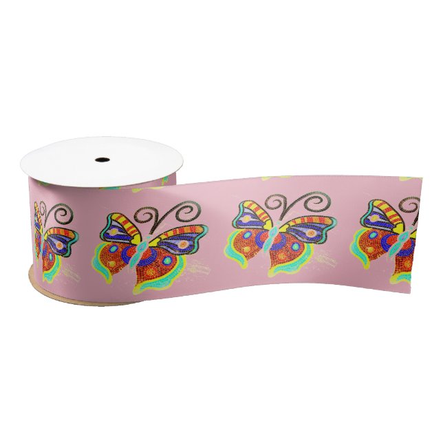 Multi-colour butterflies any background colour satin ribbon (Spool)