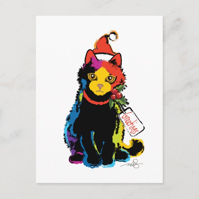 Multi Colour Christmas Santa Cat Holiday Postcard (Front)