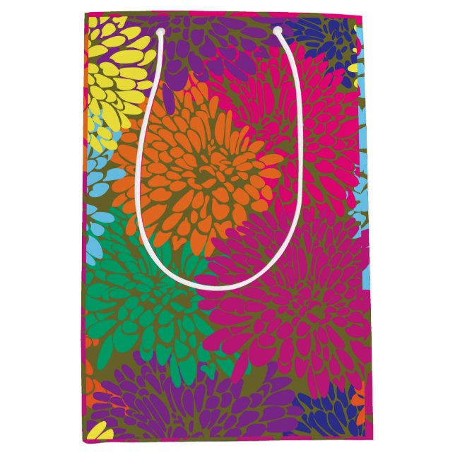 multi colour chrysanthemums on olive wrapping pape medium gift bag (Front)