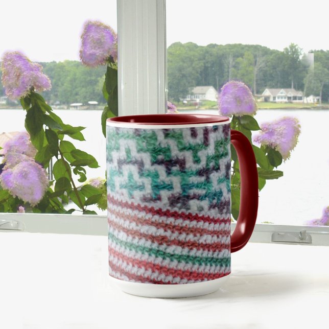 Multi Colour Crochet Patterns Maroon and White Mug (Creator Uploaded)