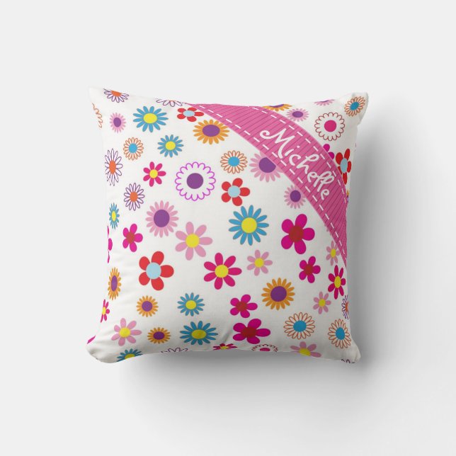 Multi Colour Floral Custom Name Girly Pattern Cushion (Front)
