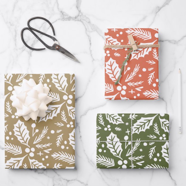 Multi-colour Hand Drawn Holly Berry Pattern Wrapping Paper Sheet (Front)