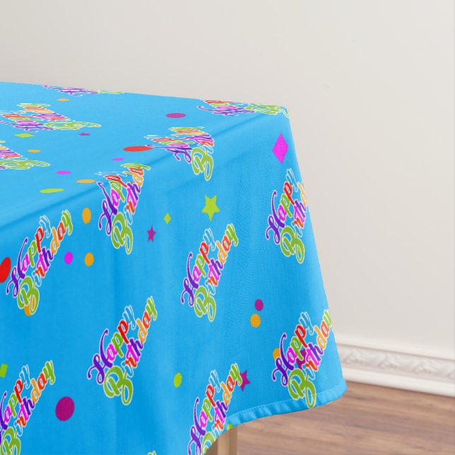 Multi Colour Happy Birthday Graphic on Blue Tablecloth (In Situ)