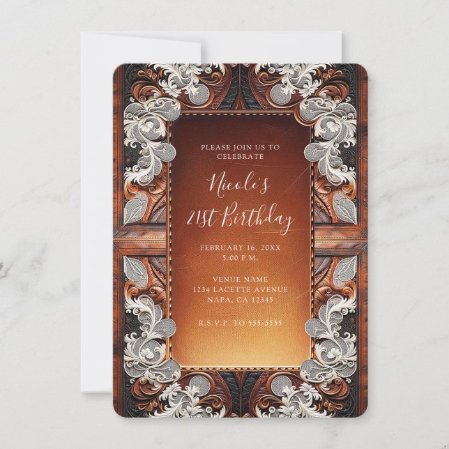 Multi Colour Leather & Lace Look Rustic Birthday Invitation (Front)