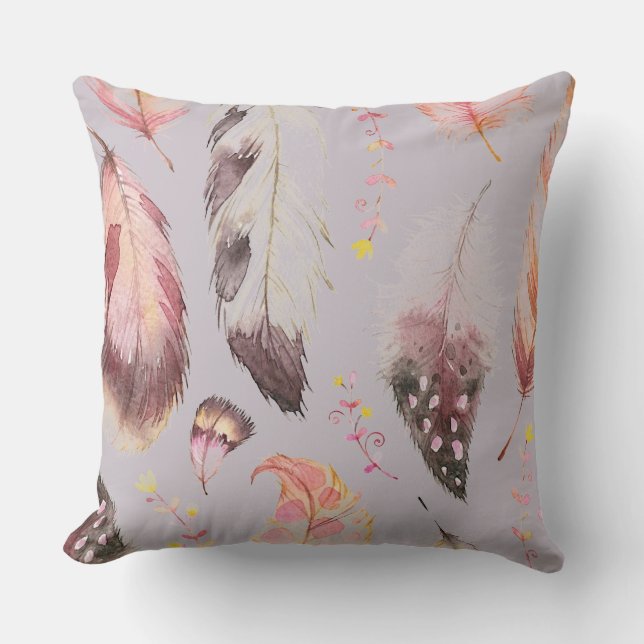 Multi colour mauve boho feather print accent pillo cushion (Front)
