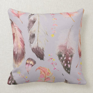 Multi colour mauve boho feather print accent pillo cushion