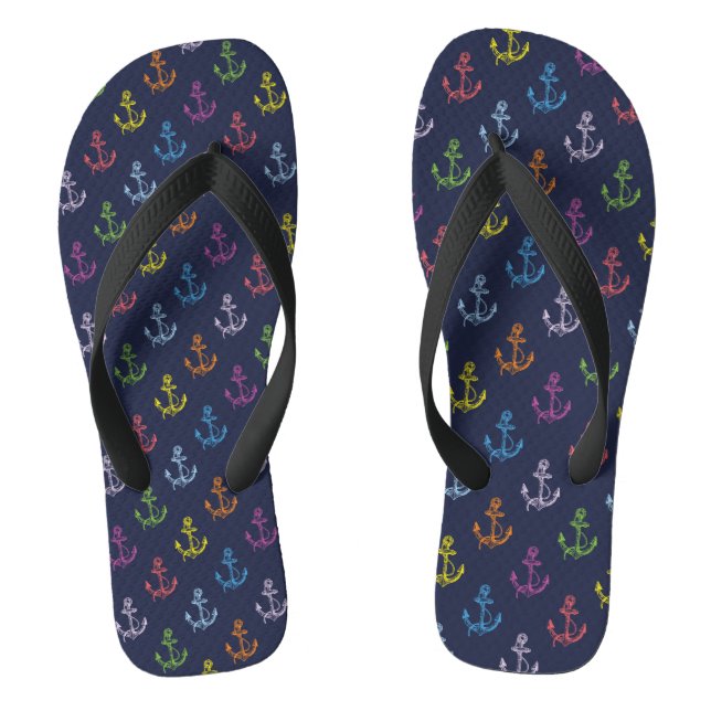 Multi-Colour Nautical Boat Anchors Pattern Flip Flops (Footbed)