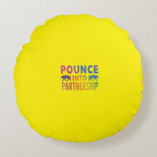 Multi colour "Pounce into Partnership" word print  Round Cushion