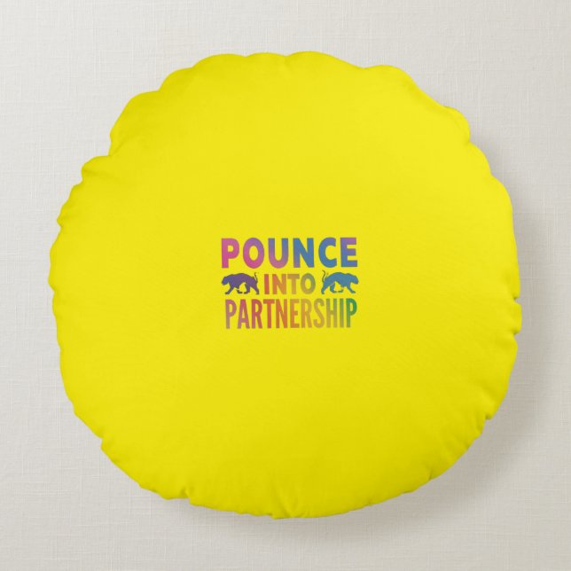 Multi colour "Pounce into Partnership" word print  Round Cushion (Front)