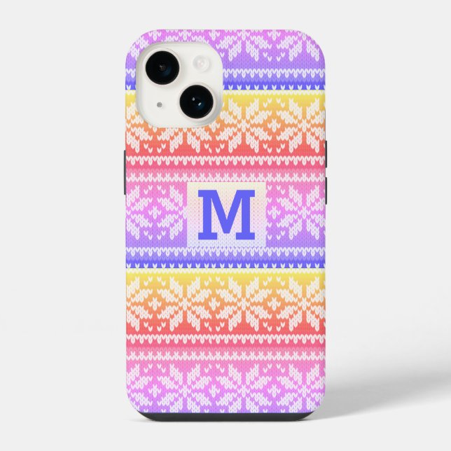Multi Colour Snowflake Faux Knit Sweater Monogram iPhone Case (Back)
