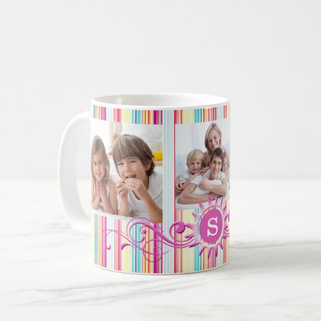 Multi-Colour Stripes & Monogram Three Photos Coffee Mug (Front Left)