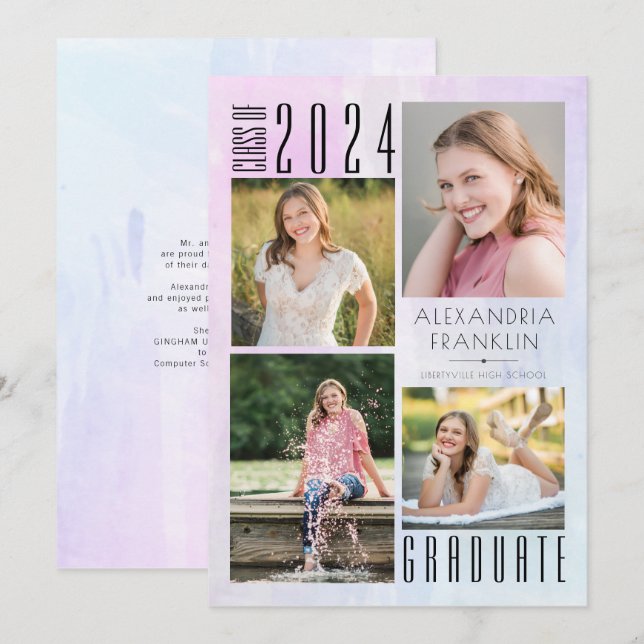 Multi-Colour Watercolor Wash 4 Photo Graduation Announcement (Front/Back)
