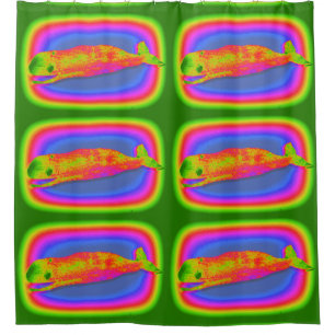 multi-colour whales on green background shower curtain