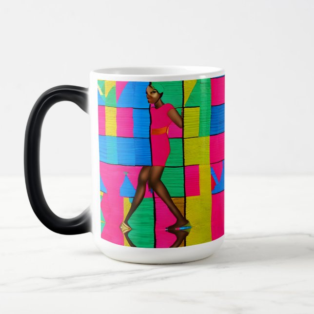 Multi Coloured African Kente Pink Black Lady Desig Magic Mug (Left)