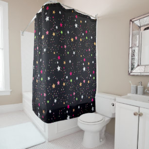 Multi Coloured Classic Christmas Stars On Black   Shower Curtain
